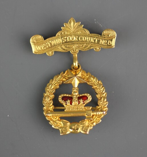 A 9ct gold 'Westminster court no.8' crowned brooch/pin, dated 1958, with yellow metal bar.