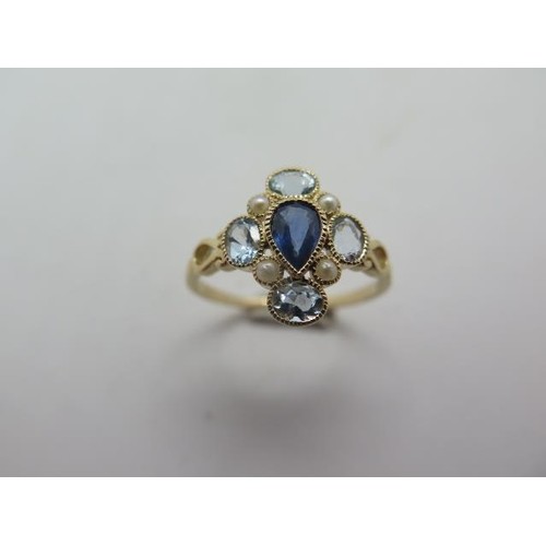 A 9ct hallmarked yellow gold sapphire, aquamarine and pearl ...