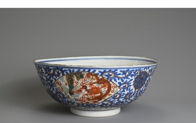 A CHINESE BLUE AND WHITE AND ENAMEL DECORATED PORCELAIN BOWL...