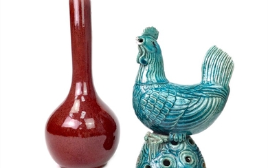 A CHINESE BLUE GLAZED COCKEREL AND A SANG