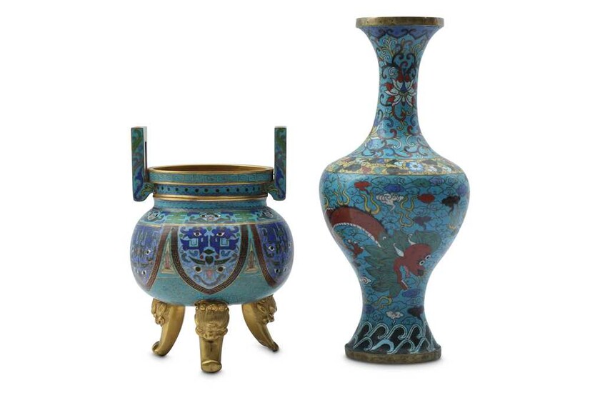 A CHINESE CLOISONNE TRIPOD INCENSE BURNER AND A 'DRAGON' VASE.
