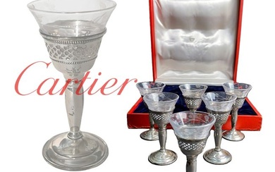 A Cartier Full Set Of Crystal & Sterling Silver Cordial Glasses, Hallmarked, Boxed