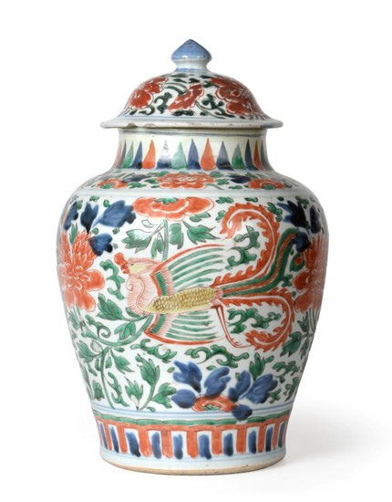 A Chinese Wucai Porcelain Baluster Jar and Cover, 17th century,...