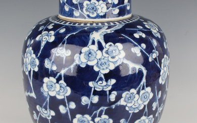 A Chinese blue and white porcelain ginger jar and cover, late 19th century, of stout ovoid form, pai