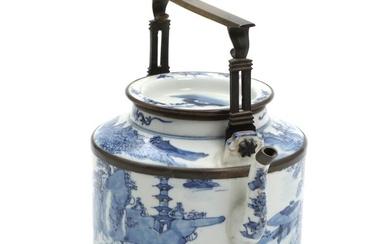 A Chinese blue and white porcelain tea pot with brass mounting, decorated with landscape. Marked Tao Yu Zhen Cang. Qing. C. 1900. H. incl. the handle 21 cm.