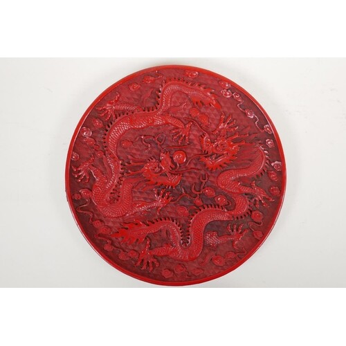 A Chinese cinnabar lacquer style dish with raised twin drago...