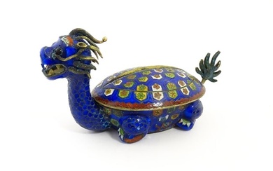 A Chinese cloisonne pot and cover modelled as a Dragon Turtle mythical creature. Approx. 5 1/4" long