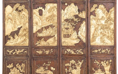A Chinese four-leaf hardwood screen with reliefs in panels depicting figural scenes...