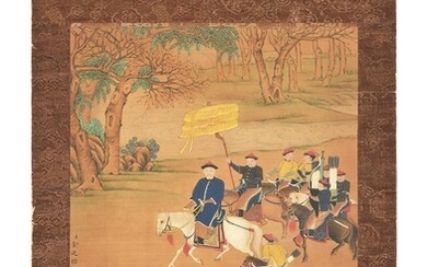 A Chinese painting on silk painting of court figures on horseback