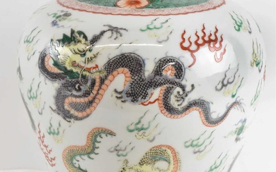A Chinese porcelain vase decorated with dragons, with a six...