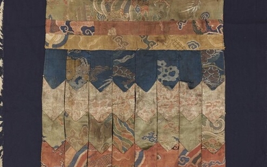 A Chinese silk temple hanging, 17th/18th century, formed of various brocaded fragments of tassel shape, all on a dark blue mount, the silk overall 56.5 x 71cm十七/十八世紀 織錦佛教掛屏