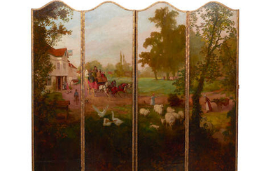 A Continental painted leather paneled floor screen