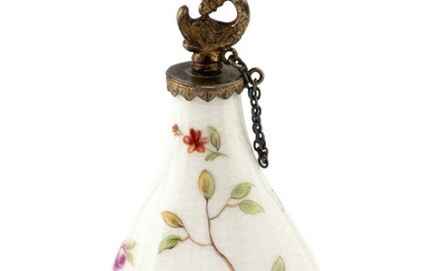 A Continental porcelain scent bottle, of oval baluster form, painted...