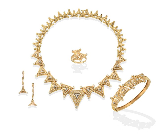 A Diamond Necklace, Bangle, Drop Earring and Ring Suite, of a geometric design, with a central...