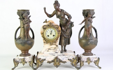 A Early C20th French Marble and Spelter Clock Garniture (H of Garnitures 42cm, H of Clock 48cm)