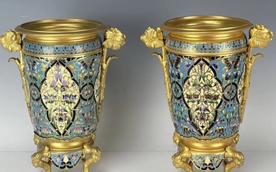 A FNE PAIR OF FRENCH CHAMPLEVE ENAMEL GARNITURES