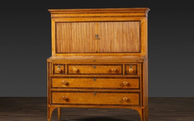 A Federal Inlaid Bird's Eye Maple and Mahogany Tambour Writing Desk