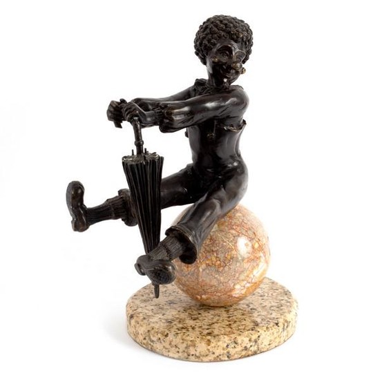 A French bronze figure of a clown with umbrella, seated