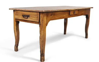 A French elm farmhouse dining table, 18th century, with two end drawers...