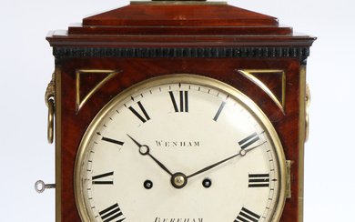 A GEORGE III MAHOGANY AND BRASS INLAID CASED MANTLE CLOCK BY WENHAM OF DEREHAM.