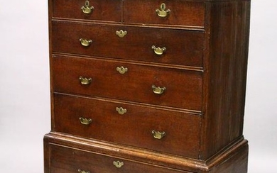A GOOD 18TH CENTURY OAK CHEST ON STAND, the top with