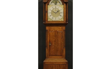 A George IV oak musical longcase clock, 36cm arched brass di...