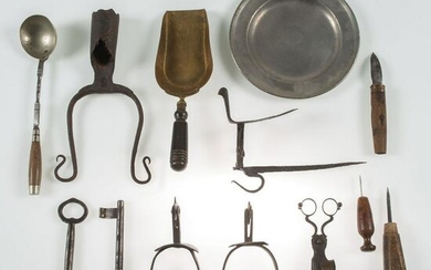 A Group of Metal Implements, Including Candle and