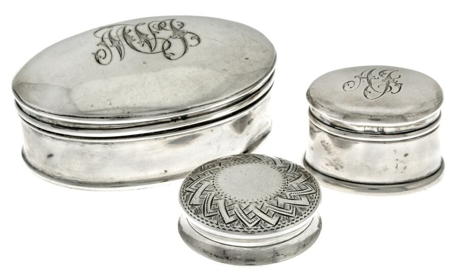 A Group of Three Silver Boxes 19th and early 20th century, English hallmarked, two fitted for j...