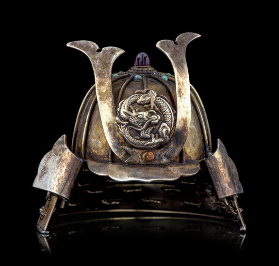 A Japanese Minature Helmet-Form Silver Bonbonnière