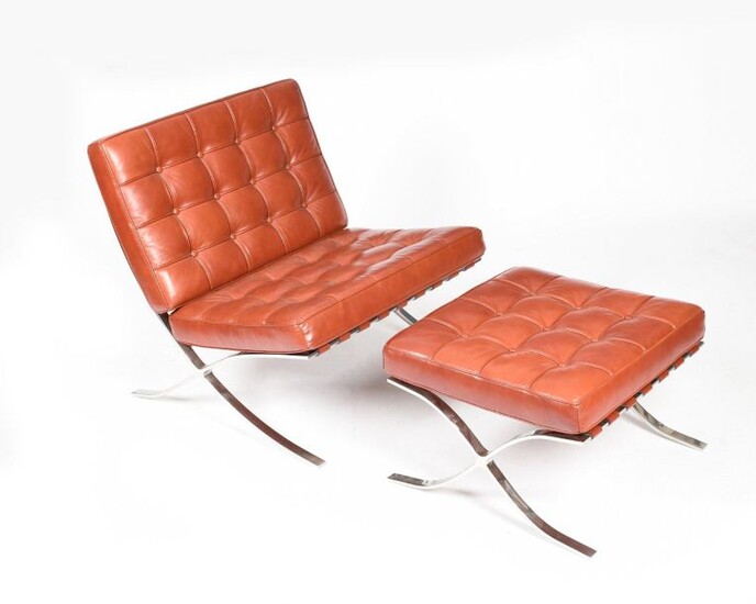A Knoll Studio Barcelona chair and ottoman designed by Ludwig Mies Van Der Rohe, polished steel frame with padded Nasturtium leather cushions, unmarked, 76cm wide, 77cm high (chair) (5)