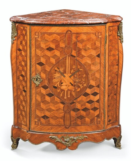 A LOUIS XV ORMOLU-MOUNTED TULIPWOOD, KINGWOOD AND AMARANTH MARQUETRY ENCOIGNURE, BY JACQUES BIRCKLÉ, THIRD QUARTER 18TH CENTURY