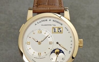 A. Lange & Söhne, Glashütte i/SA, "LANGE 1 MOON PHASE", Movement No. 37422, Case No. 147617, Ref. 109.032, Cal. L901.5, 39,5 mm, circa 2002 A Glashuette wristwatch in mint condition, with oversize date, moon phase and power reserve indicator. This is...