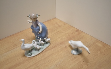 A Lladro porcelain figure group Hurry Now 5503 together with goose figure Hissing