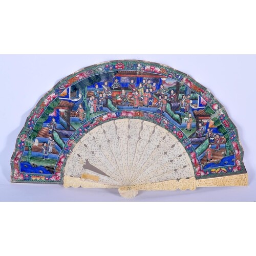 A MID 19TH CENTURY CHINESE CANTON IVORY FAN painted with por...