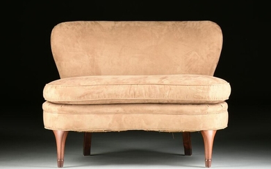 A MID-CENTURY MODERN STYLE FAUX ULTRA SUEDE UPHOLSTERED