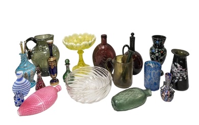 A MIXED GROUP OF VINTAGE COLOURED GLASS WARES, the lot inclu...