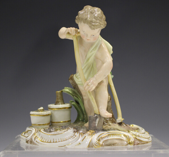A Meissen figure of a putto gardener, late 19th century, modelled digging with a spade, a rake and p
