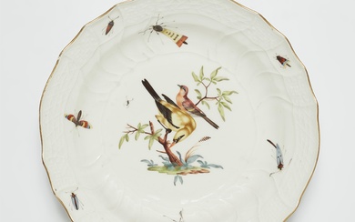 A Meissen porcelain dish with native birds and insects from a dinner service for King Friedrich II