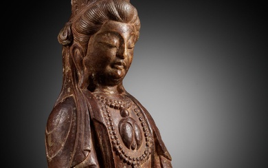 A PAINTED MARBLE FIGURE OF GUANYIN, TANG DYNASTY