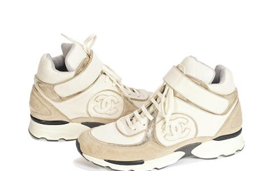 A PAIR OF BEIGE, GOLD AND WHITE CC HIGH-TOP TRAINERS Chanel, 2007