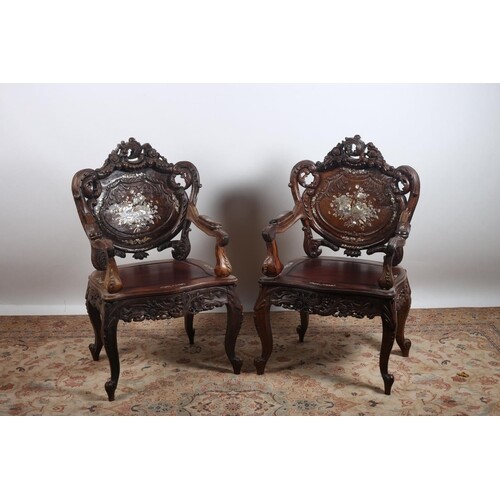 A PAIR OF CARVED HARDWOOD AND MOTHER OF PEARL INLAID ARMCHAI...