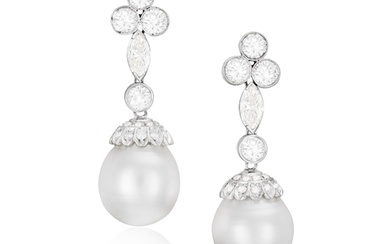 A PAIR OF CULTURED PEARL AND DIAMOND PENDENT EARRINGS Each ...