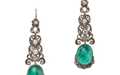 A PAIR OF EMERALD AND DIAMOND DROP EARRINGS each comprising a row of foliate links set with rose cut
