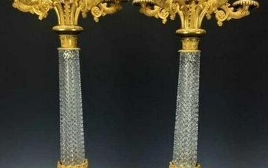 A PAIR OF EMPIRE DORE BRONZE AND BACCARAT CANDELABRA
