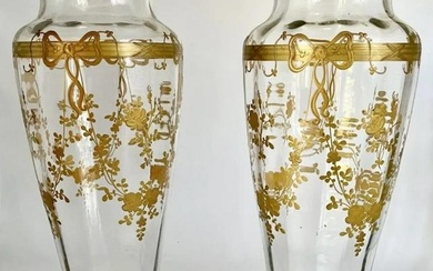 A PAIR OF ENAMELED AND GILT MOSER GLASS VASES