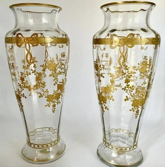 A PAIR OF ENAMELED AND GILT MOSER GLASS VASES