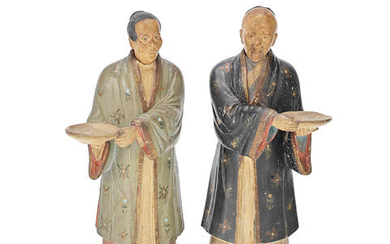 A PAIR OF EXPORT PAINTED CLAY 'NODDING HEAD' FIGURES