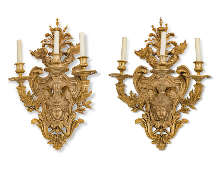 A PAIR OF FRENCH ORMOLU THREE-LIGHT WALL-APPLIQUES, OF REGENCE STYLE, LATE 19TH CENTURY