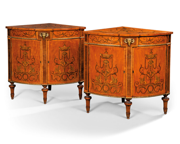 A PAIR OF GEORGE III ORMOLU-MOUNTED SATINWOOD, AMARANTH, GREEN-STAINED, INLAID AND ENGRAVED CORNER CABINETS