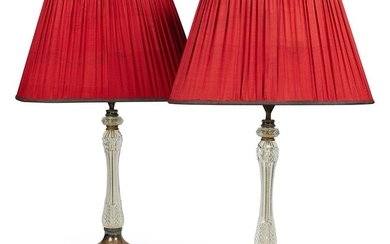 A PAIR OF GLASS AND METAL TABLE LAMPS